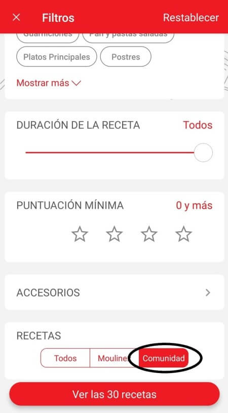 recipe filters page in the Companion app
